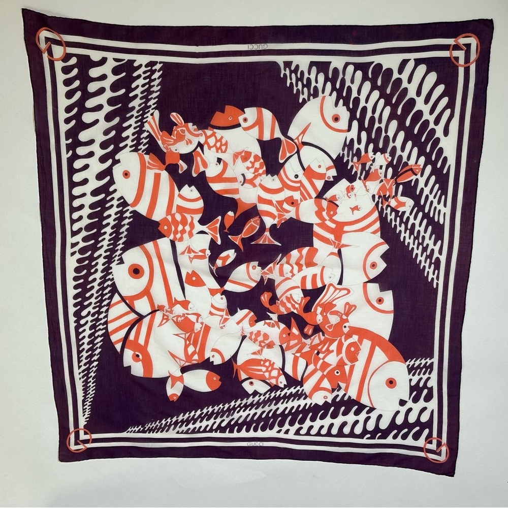 70’s GUCCI Authentic Cotton Scarf Fish Print Blue White Size 36x32"